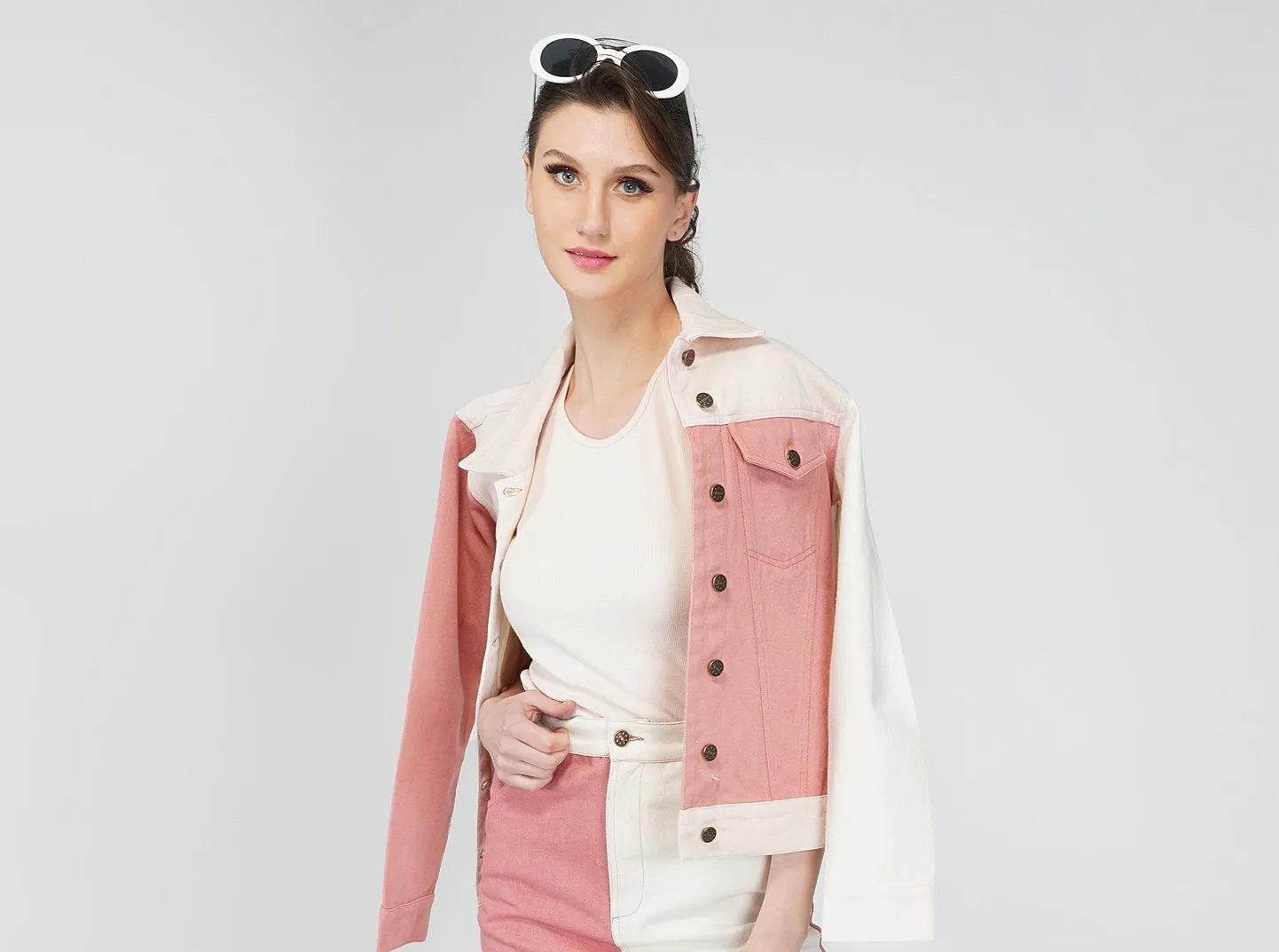 SLAY. Women's Pink & White Colorblock Denim Jacket