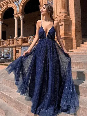 Sparkly A Line V Neck Backless Sequins Navy Blue Prom Dresses, Navy Blue Backless Formal Dresses, Evening Dresses