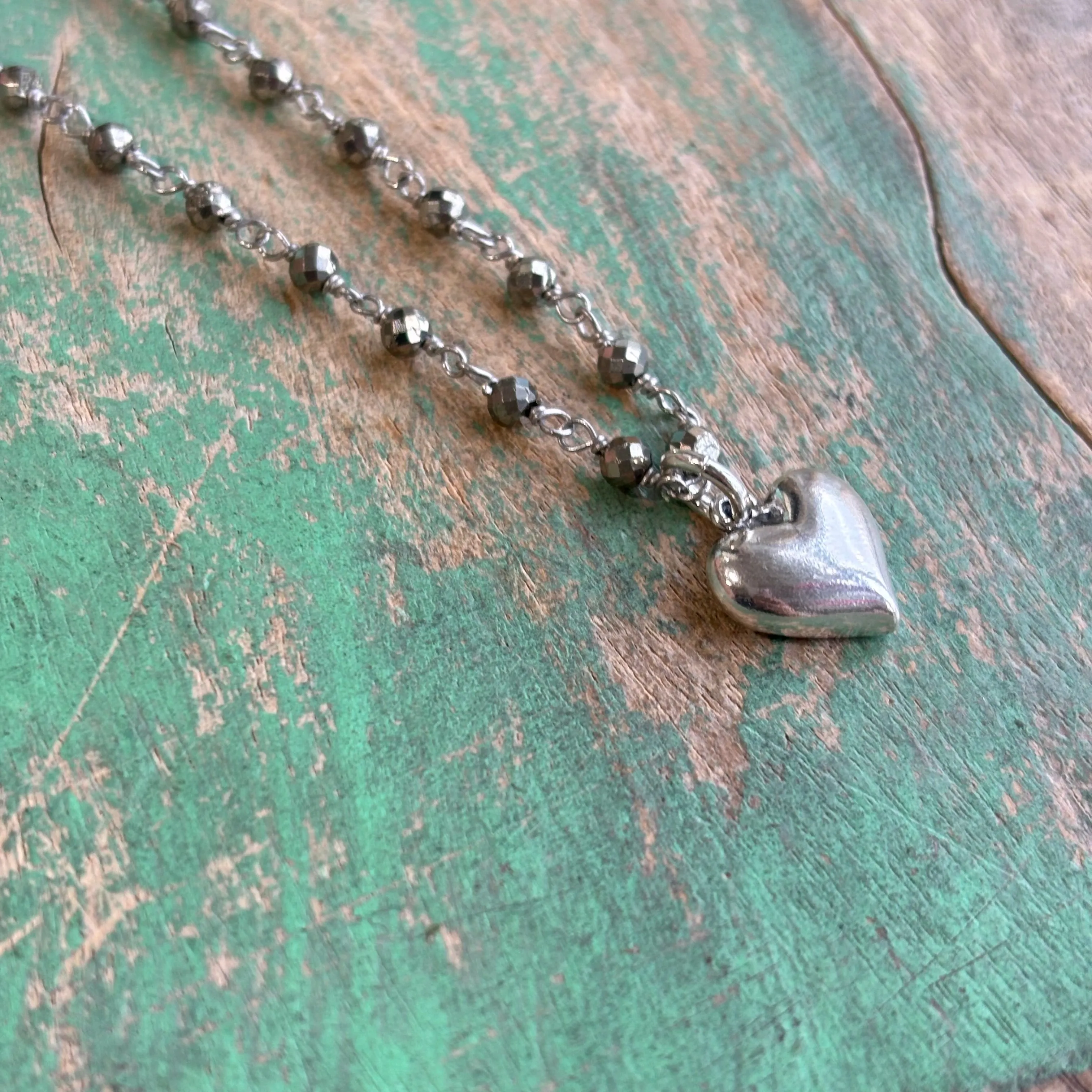 Sterling Silver Pyrite Necklace with Puffy Heart