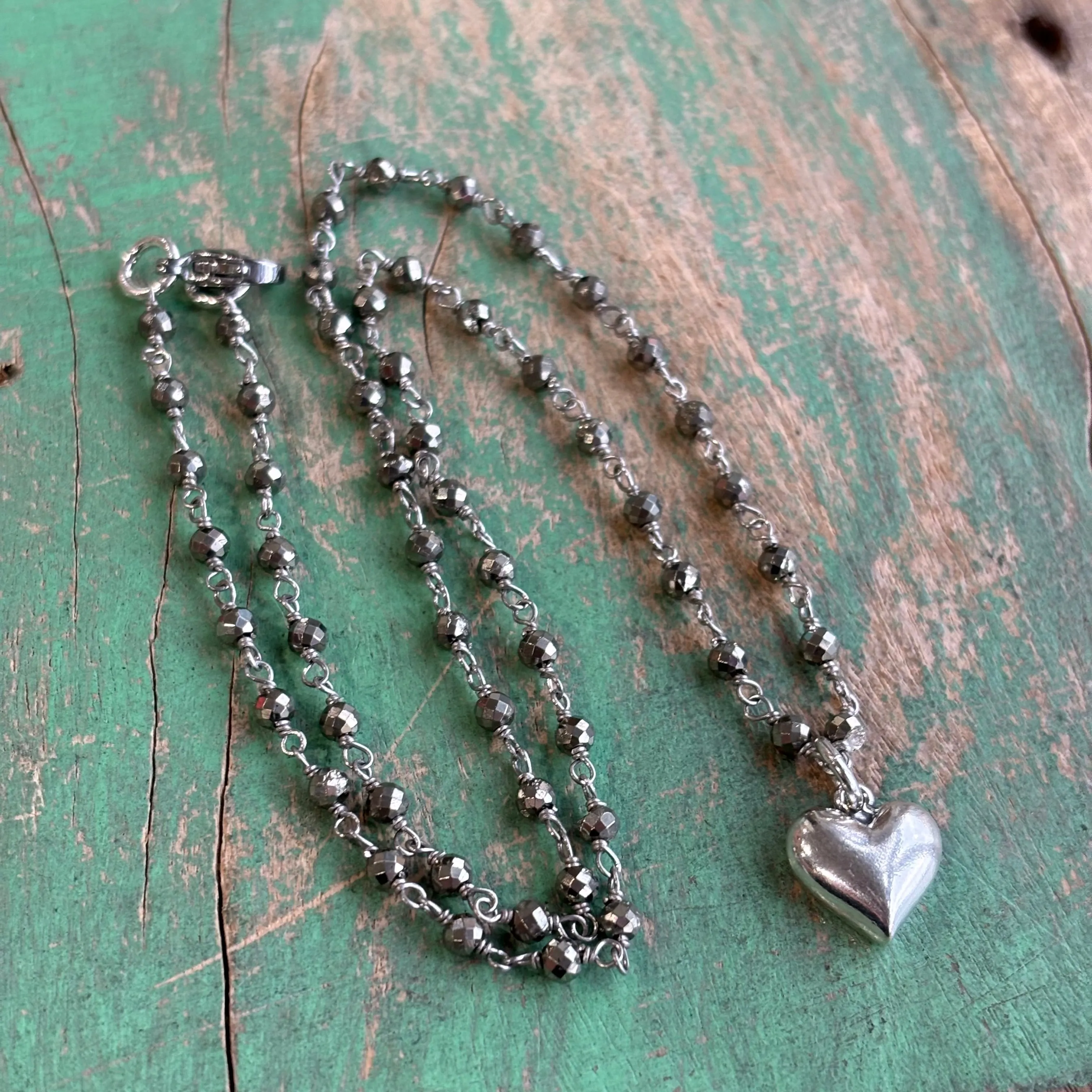 Sterling Silver Pyrite Necklace with Puffy Heart