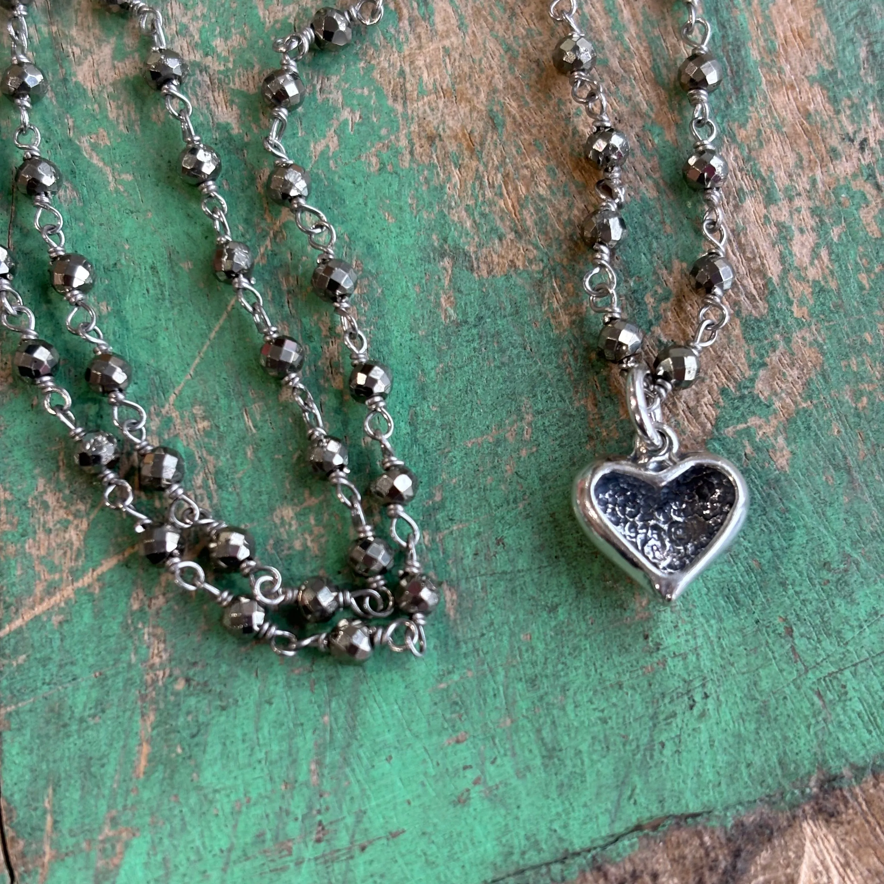 Sterling Silver Pyrite Necklace with Puffy Heart