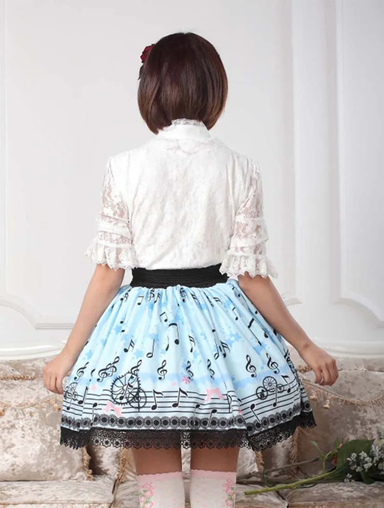 Sweet Light Sky Blue Melody Printed Elastic Waist Lace Lolita Skirt For Lady