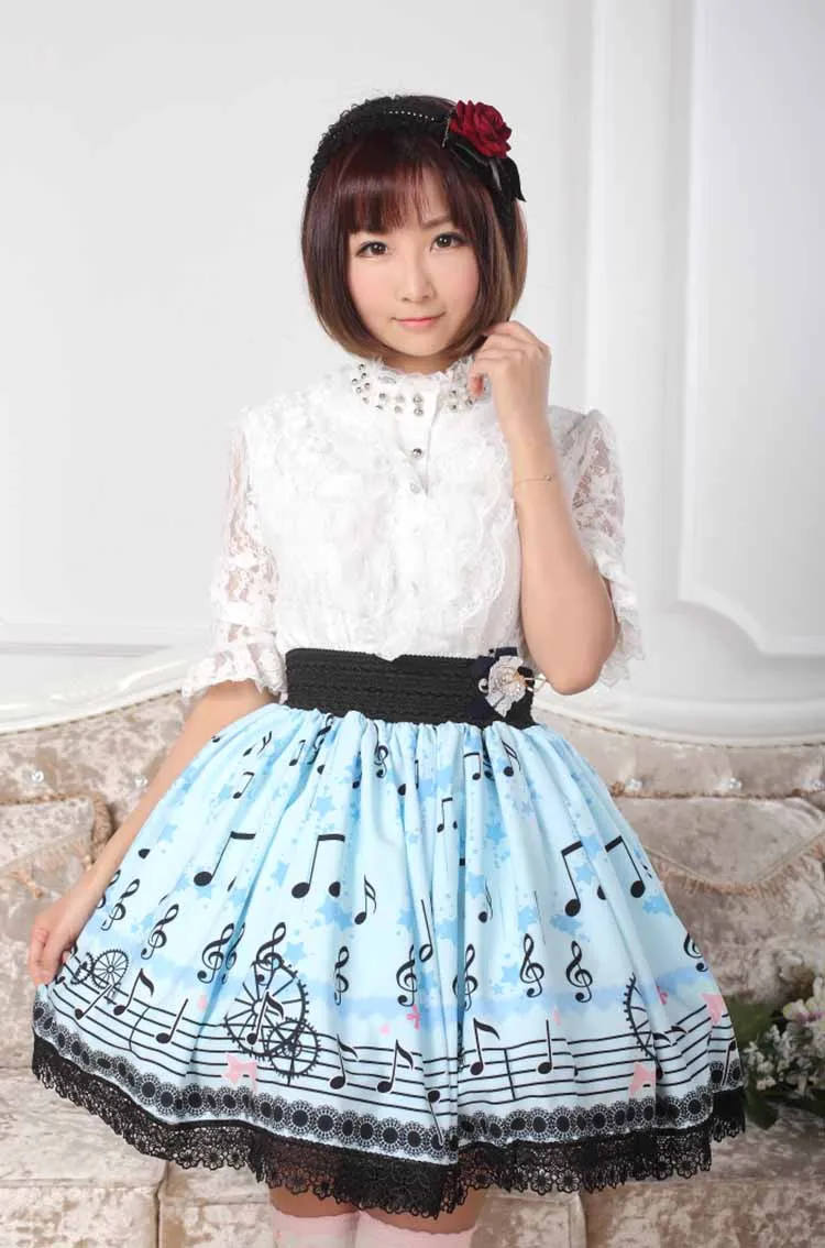 Sweet Light Sky Blue Melody Printed Elastic Waist Lace Lolita Skirt For Lady