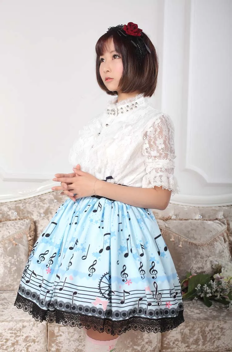 Sweet Light Sky Blue Melody Printed Elastic Waist Lace Lolita Skirt For Lady