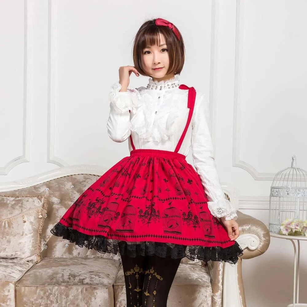 Sweet Mori Girl Deep Red Birdcage Printed Short Suspender Skirt for Summer