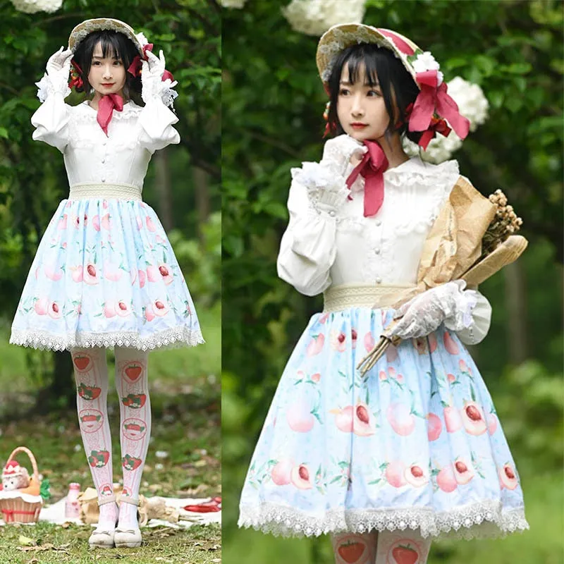 Sweet Peach Printed A line Skirt Mori Girl Short Skirt with Lace Trimming