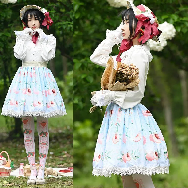 Sweet Peach Printed A line Skirt Mori Girl Short Skirt with Lace Trimming