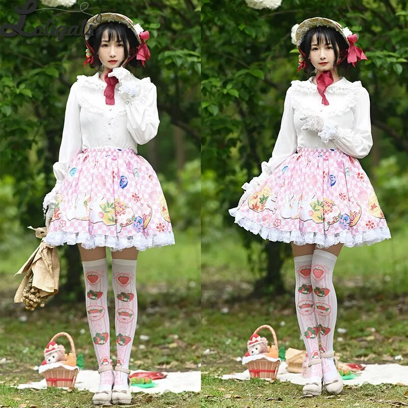 Sweet Short Skirt Mori Girl Rabbit Printed Checkered A line Lolita Skirt