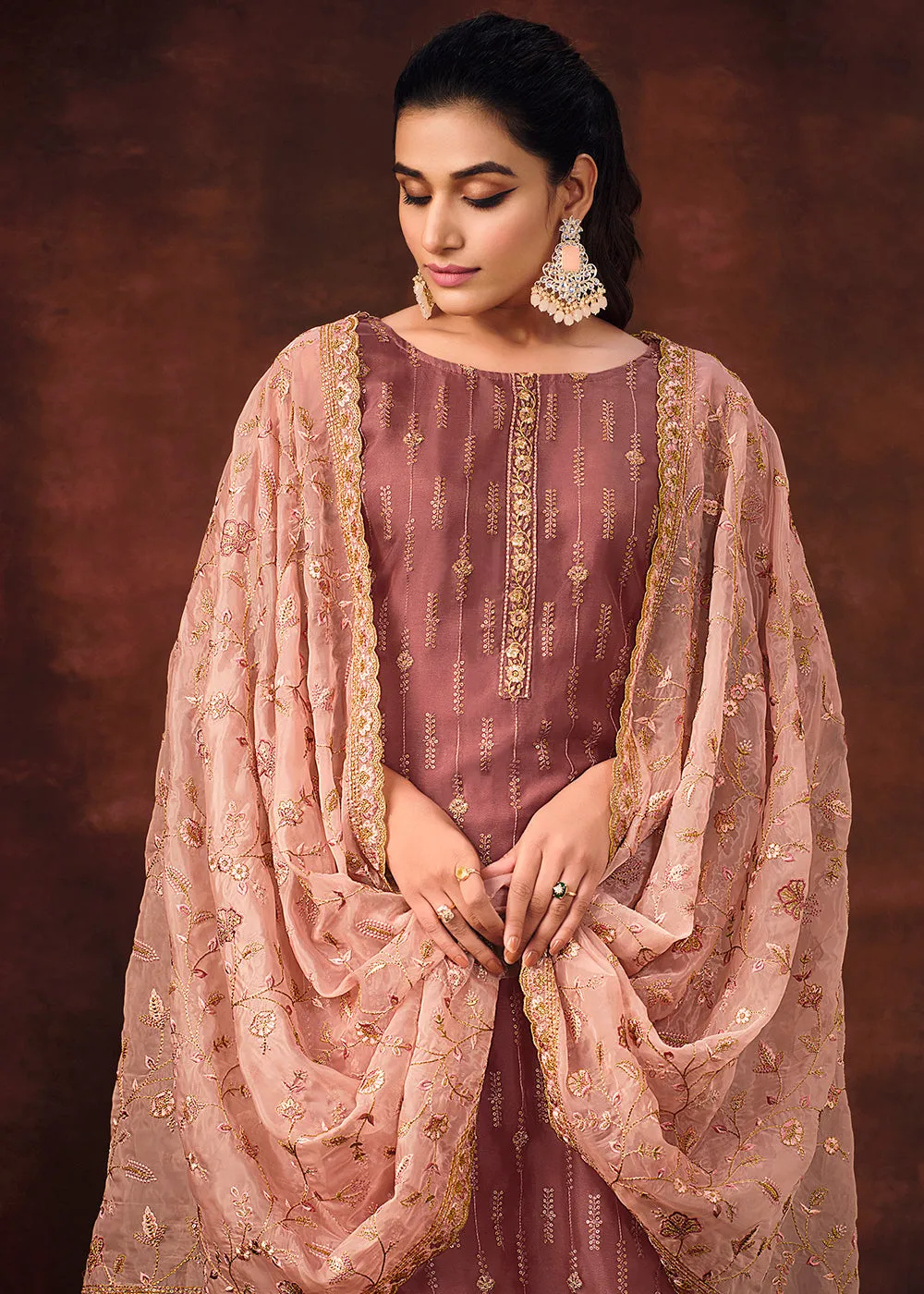 Taupe Mauve Shimmer Organza Embroidered Wedding Salwar Suit