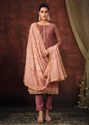 Taupe Mauve Shimmer Organza Embroidered Wedding Salwar Suit