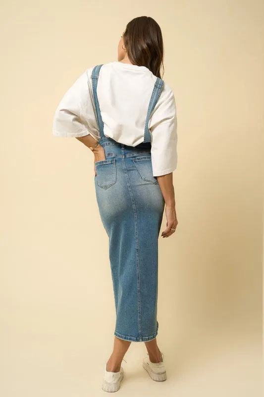 TEEK - DENIM BLUE BACKLESS OVERALL LONG SKIRT