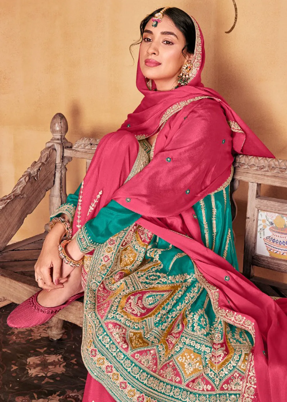 Turquoise Heavy Chinnon Embroidered Palazzo Style Suit