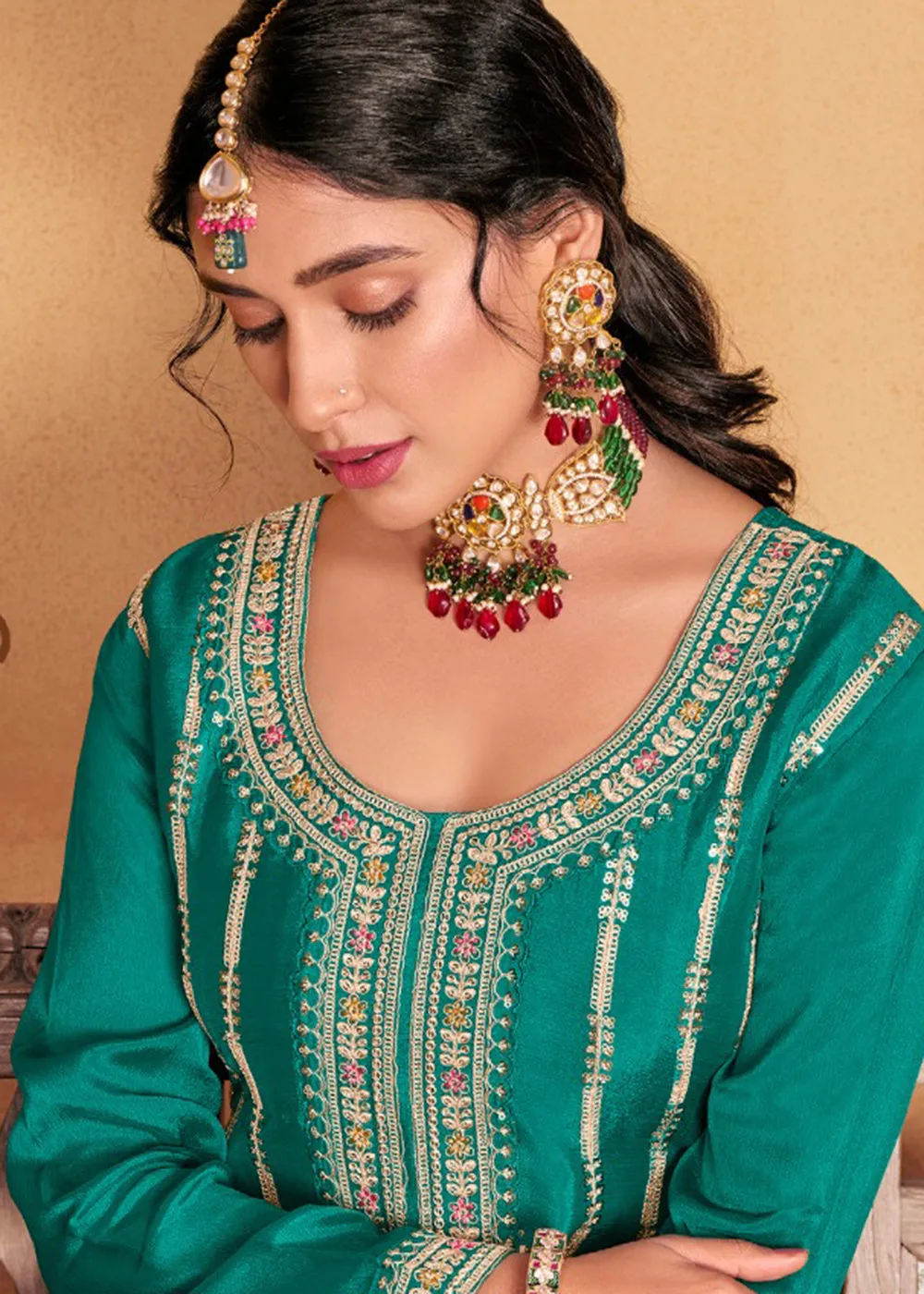 Turquoise Heavy Chinnon Embroidered Palazzo Style Suit