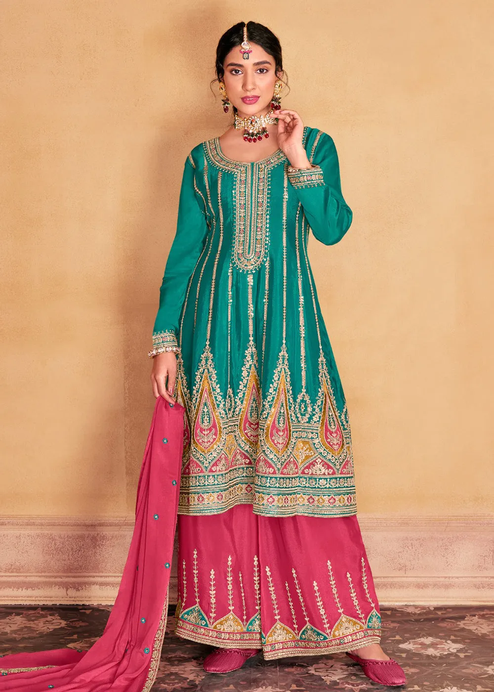 Turquoise Heavy Chinnon Embroidered Palazzo Style Suit