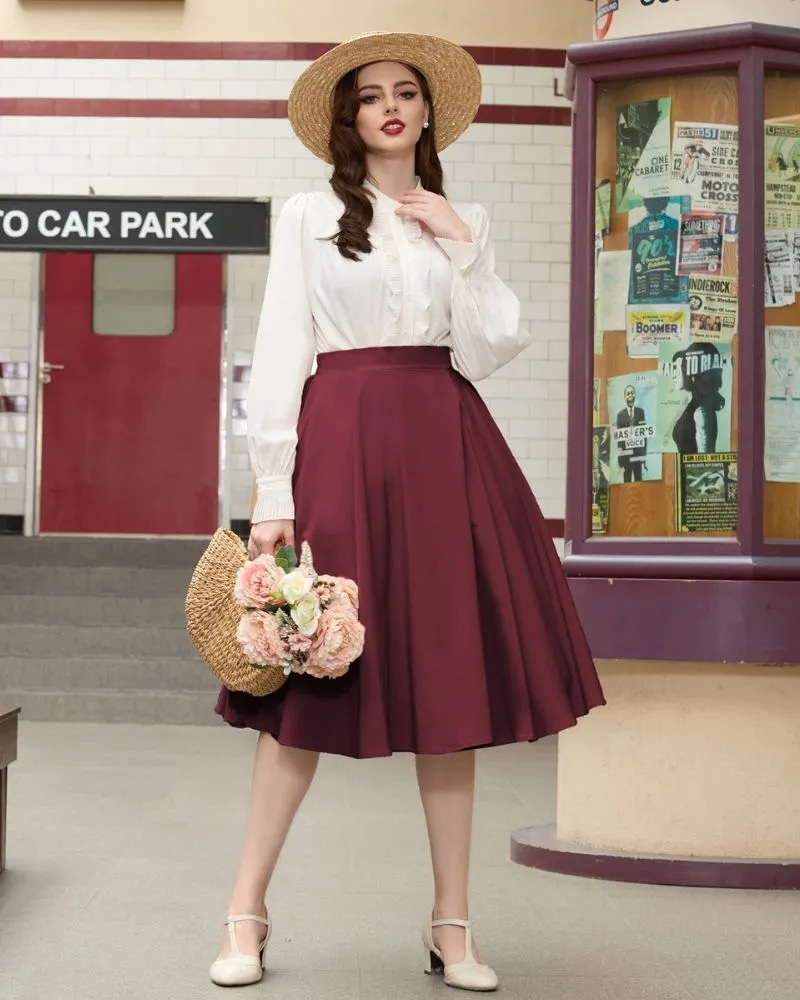 Vintage Skirts with Side Slit High Waisted Midi A-Line Flowy Skirts with Pockets