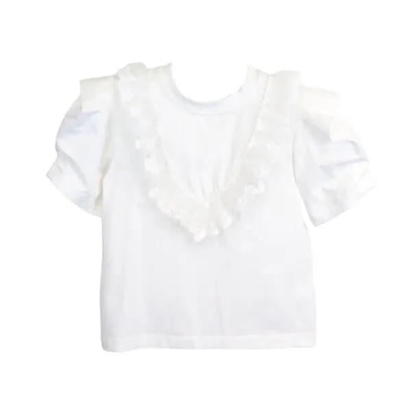 White Lace Trim Puff Sleeve Tee