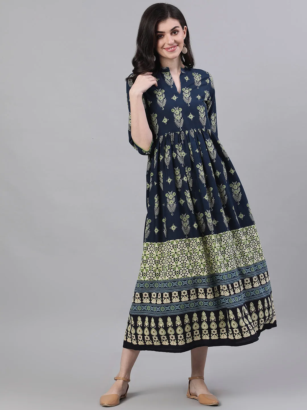 Women Navy Blue Ethnic Motifs Printed Mandarin Collar Cotton Maxi Dress