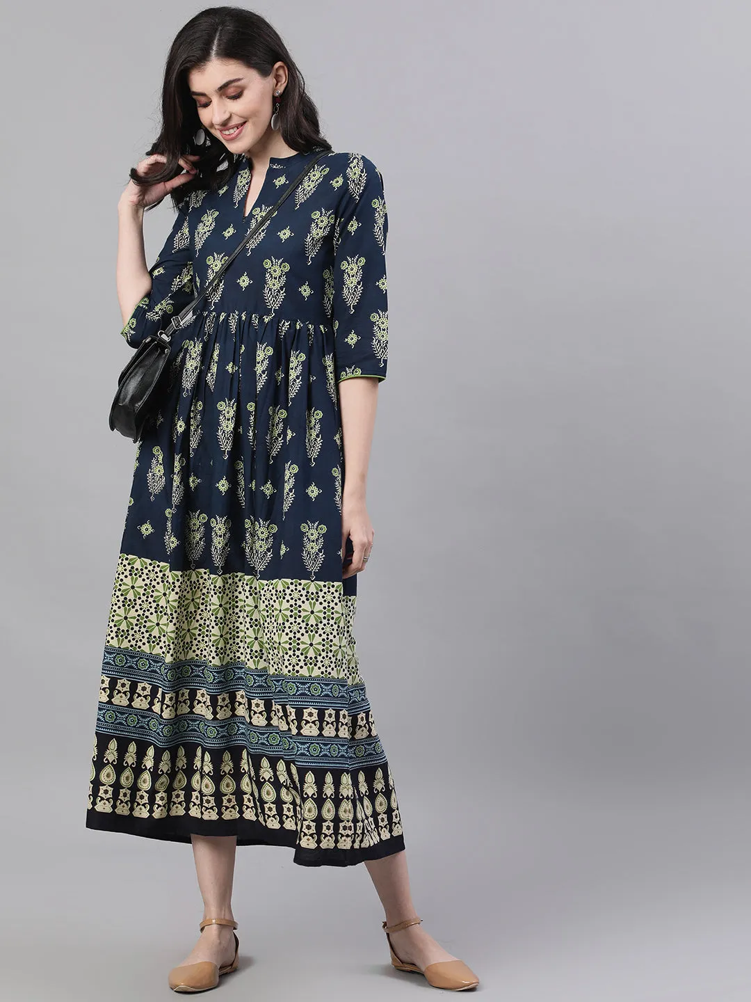 Women Navy Blue Ethnic Motifs Printed Mandarin Collar Cotton Maxi Dress