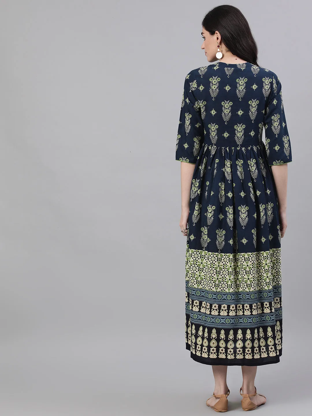 Women Navy Blue Ethnic Motifs Printed Mandarin Collar Cotton Maxi Dress