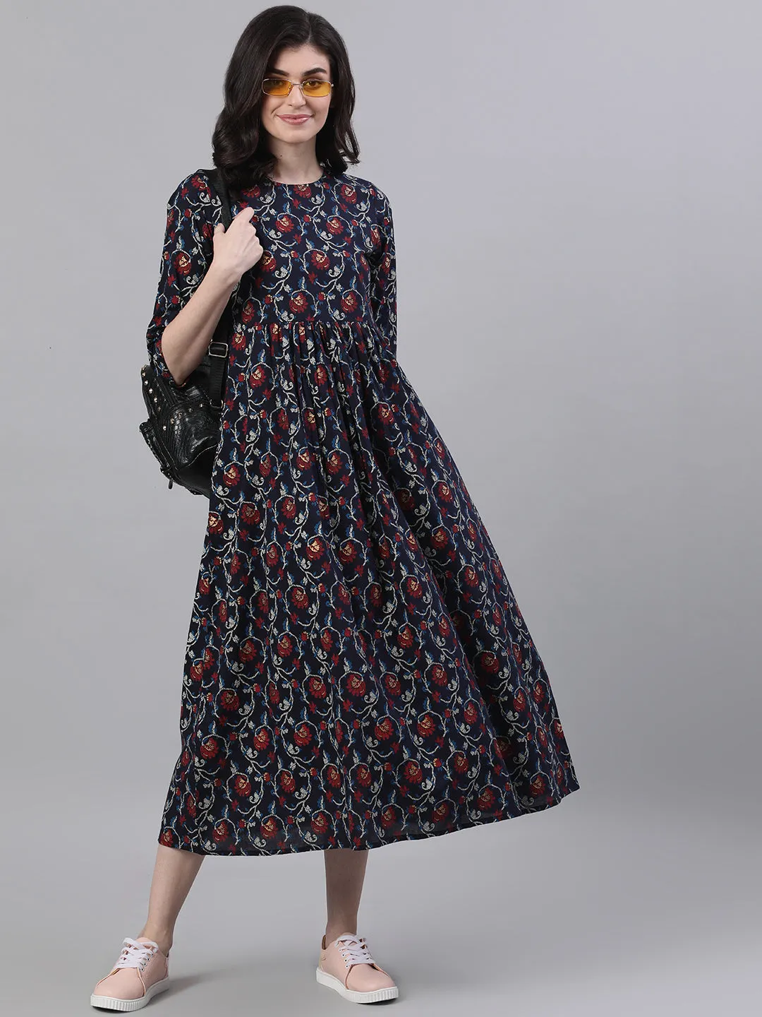 Women Navy Blue Floral Printed Round Neck Cotton Maxi Dress