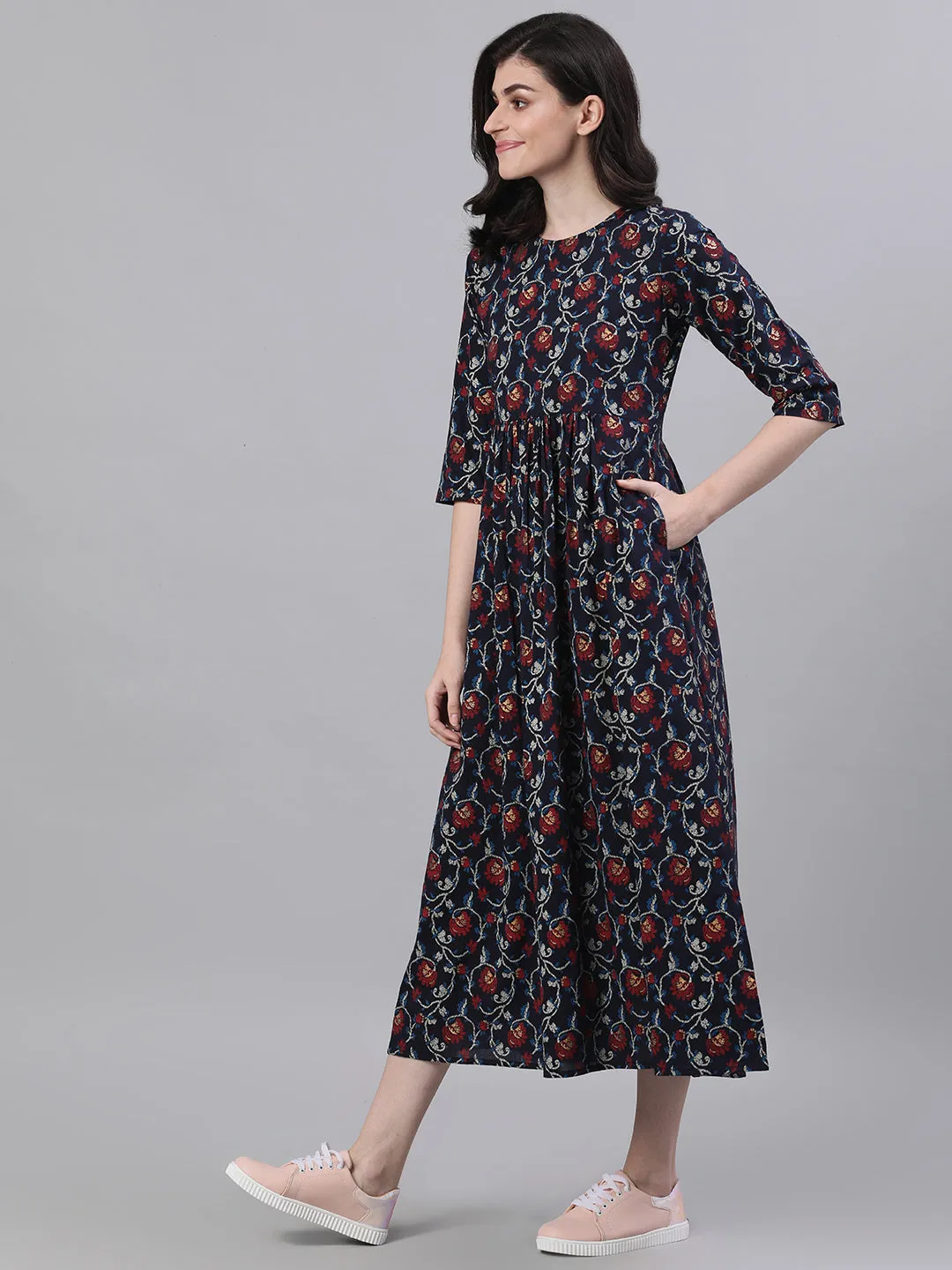 Women Navy Blue Floral Printed Round Neck Cotton Maxi Dress