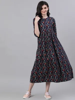 Women Navy Blue Floral Printed Round Neck Cotton Maxi Dress