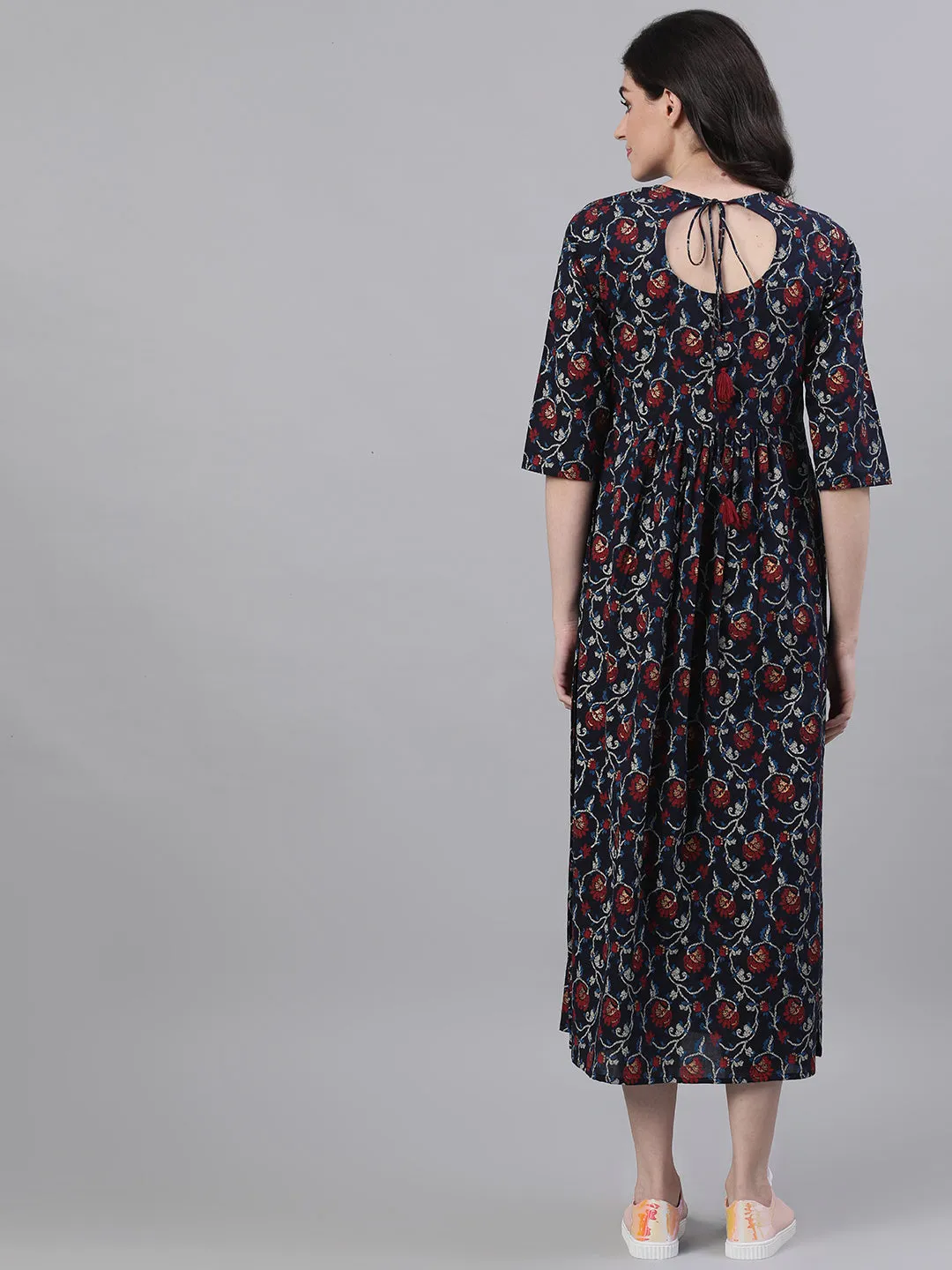 Women Navy Blue Floral Printed Round Neck Cotton Maxi Dress