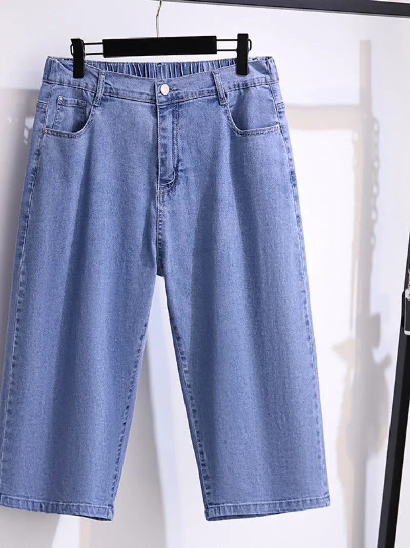 women's denim pants high waist thin loose straight elastic wide leg bottom