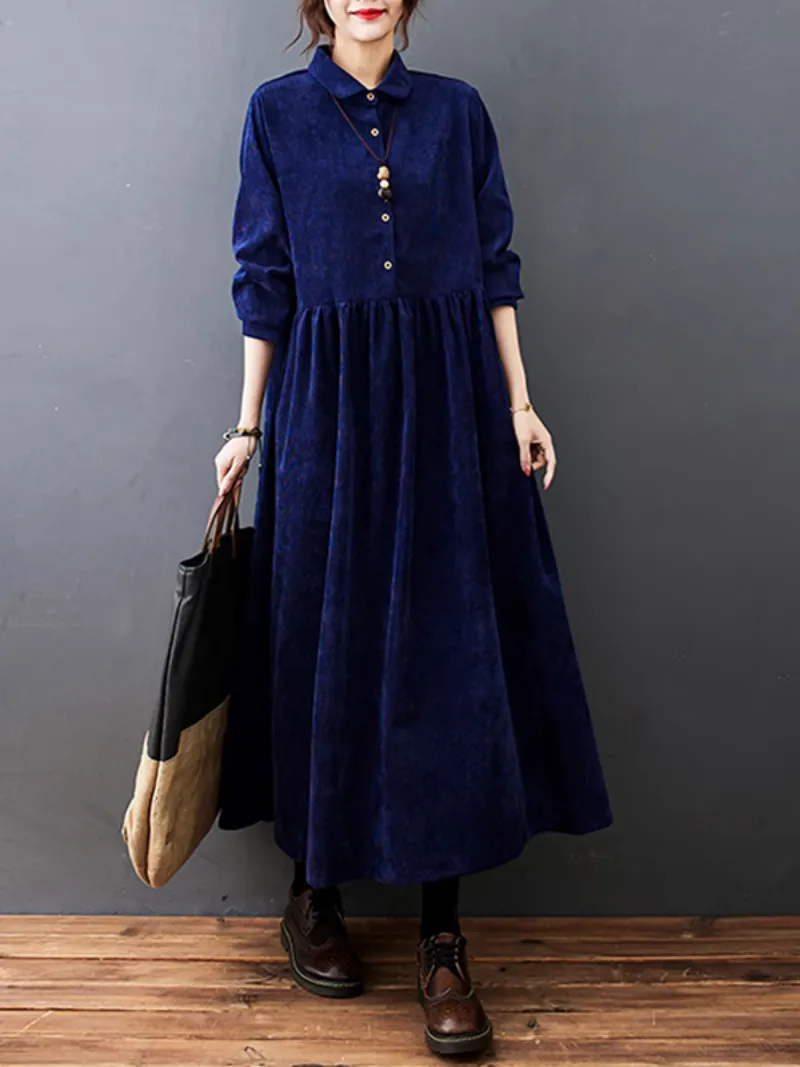 Women's Over-the-Knee Warm Button-Up A-Line Dress