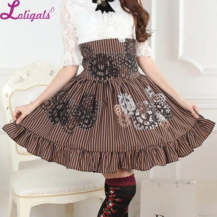 Women's Steampunk Skirt High Waist Brown Gear Printed Striped A Line Lolita Skirt with Ruffles