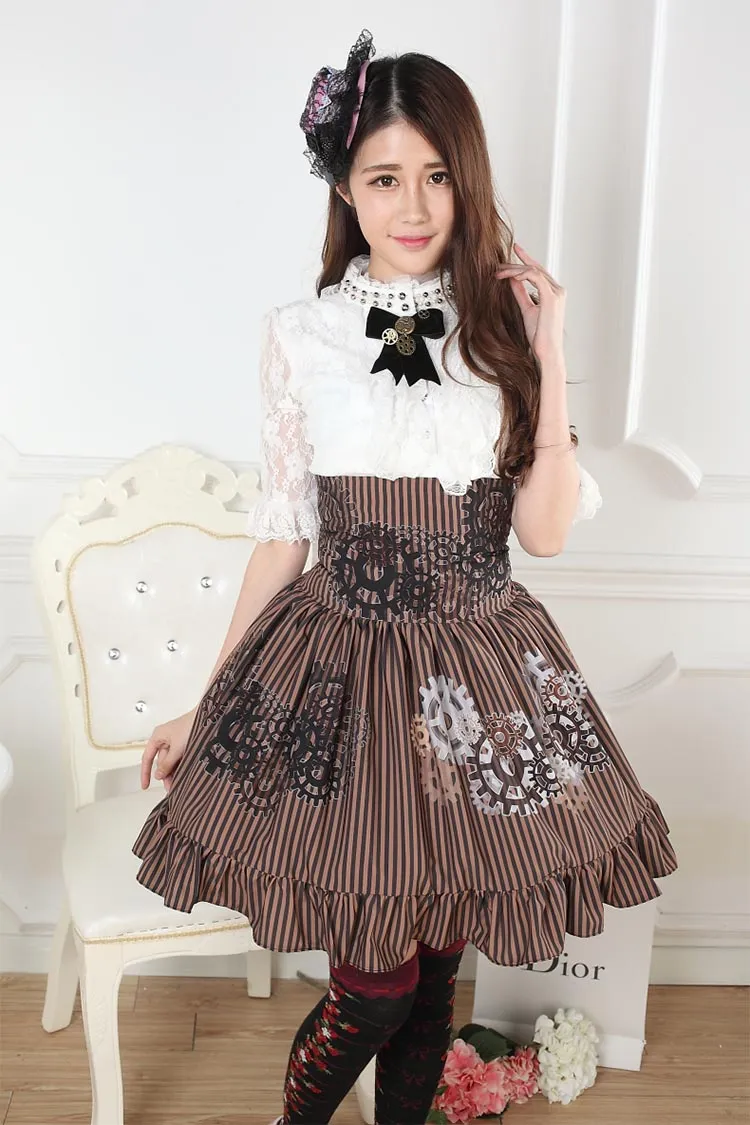 Women's Steampunk Skirt High Waist Brown Gear Printed Striped A Line Lolita Skirt with Ruffles