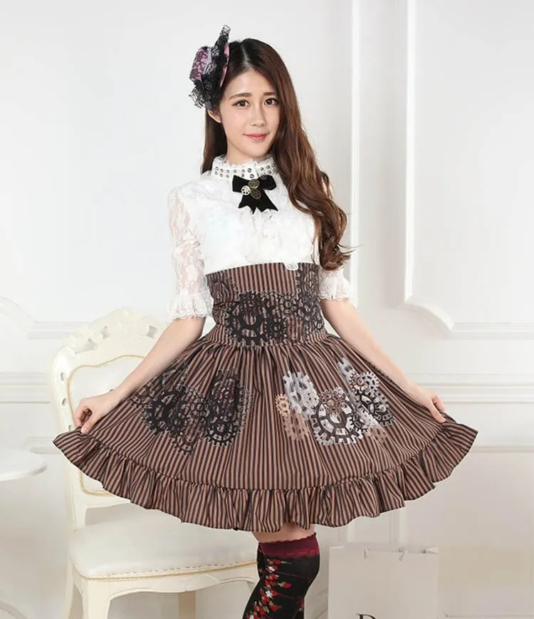 Women's Steampunk Skirt High Waist Brown Gear Printed Striped A Line Lolita Skirt with Ruffles