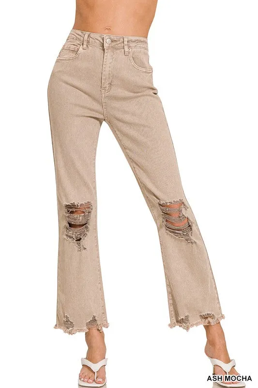 Zenana Fearless Acid Washed High Waist Distressed Straight Pants