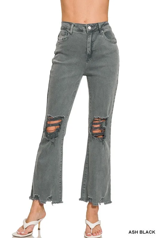 Zenana Fearless Acid Washed High Waist Distressed Straight Pants